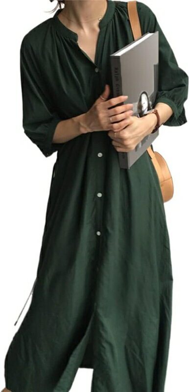 ロングシャツワンピース レディース マキシワンピース 大きいサイズ ロング マキシ丈 袖あり 夏ワンピース ポリエステル かわいい きれいめ お出かけ オフィス 着痩せ服 旅行 ビーチ 体型カバー ゆ(4)