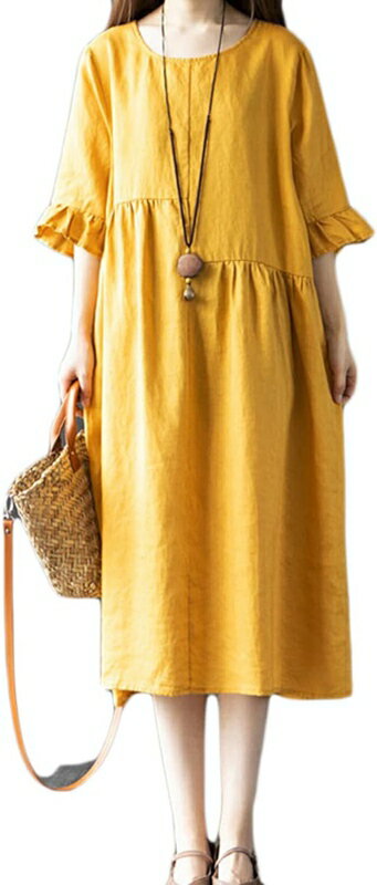 レディース カジュアル ワンピース 綿麻 夏 五分袖 コットン リネン ワンピース ゆったり 無地 丸首 体型カバー Aライン おしゃれ ママワンピース 上品 ...