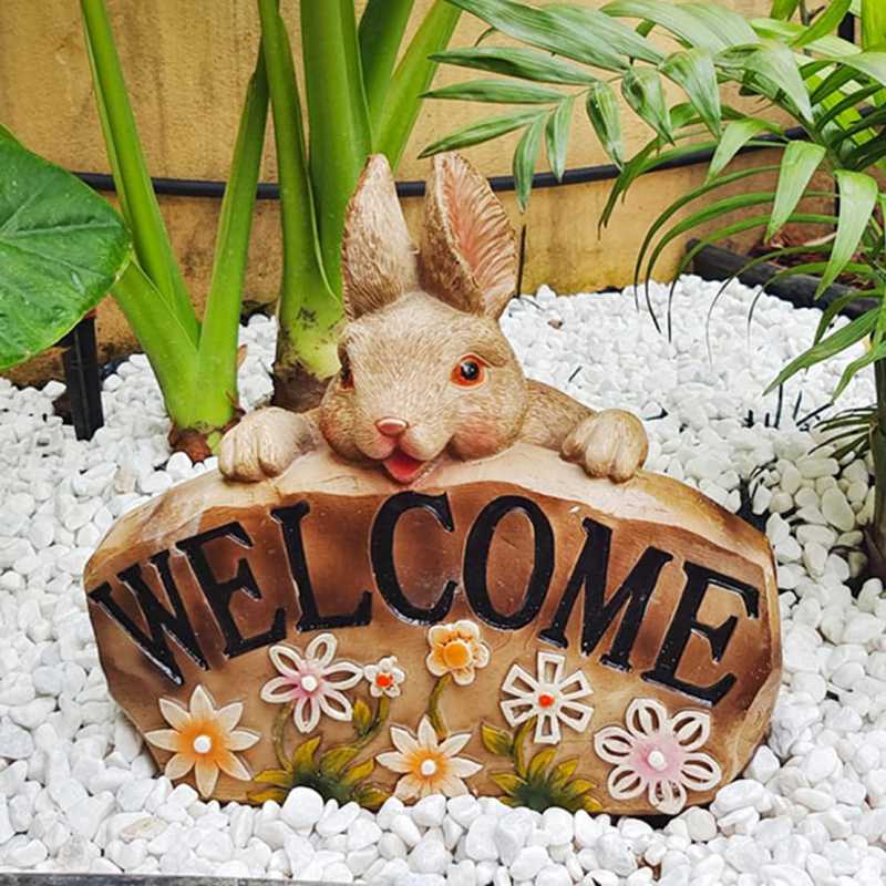 ガーデニング 置物 F ガーデンオーナメント ウェルカム welcomeボード ウサギのオブジェ 兎 置き物 オブジェ かわいい庭 部屋 屋外 玄関 出窓 階段 インテリア ガーデン 樹脂 防水 耐久