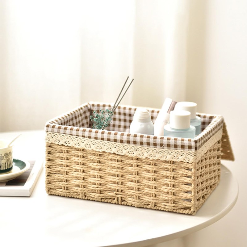 収納ボックス 収納カゴ カーキ 大容量 蓋付き 長方形 SxMxL 卓上収納ケース 布 収納バスケット ランドリーバスケット ケース おもちゃ収納 籐製 小物入...