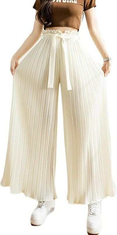 プリーツパンツ シフォン キュロットパンツ フリル ハイウエスト ワイドパンツ レディース 袴 ガウチョ..