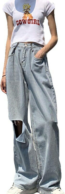 ロングパンツ デニムパンツ レディース ゆったり ジーンズ ダメージ加工 ファッション ワイドパンツ