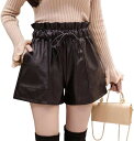 秋冬 ショートパンツ レディース ブラック ハイウエスト Aラインパンツ バッドパンツ PUレザー ワイドレッグパンツ ハンサム 短パン ハイウェスト ポケット...