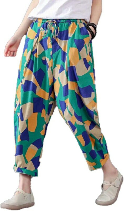 ガウチョパンツ ボトムス 花柄 レディース ロング ゆったり ウエストゴム ワイドパンツ 9分丈 着痩せ コットンリネン サルエルパンツ 大きいサイズ 春 夏 ...