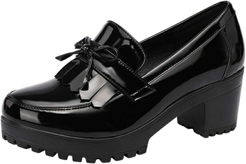 エナメル パンプス レディース 厚底 ハイヒール スリッポン 太ヒール 太ヒール 6cm タッセル リボン ローファー 大きいサイズ マニッシュ 走れる 小さいサイズ 痛くない フォーマル ストーム