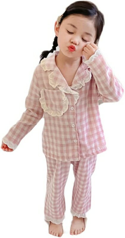 パジャマ キッズ 女の子 綿100% 長袖 冬向き 前開きピンク チェック柄 レース仕様 ピンク 上下セット ルーム 子供 かわいい ガールズ レディース 部屋...