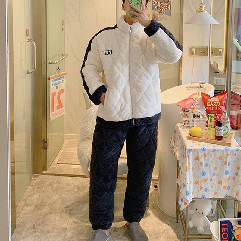 パジャマ ルームウェア メンズ 冬 中綿キルト 立ち襟アウター ボトムス 上下セット フランネル 厚手 防寒 あったか ジップアップ 部屋着 寝巻き 肌触り 快適 もこもこ リラックス
