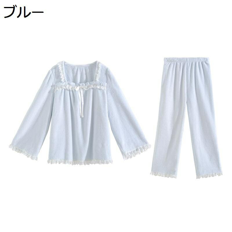 フランネルパジャマ レディース ルームウェア 寝間着 上下set スクエアネック レース飾り 姫系 二重起毛 発熱 寝巻き 無地 ふわふわ ソフト ゆったり 秋冬 ぱじゃま ナイトウェア 便利服 部屋着