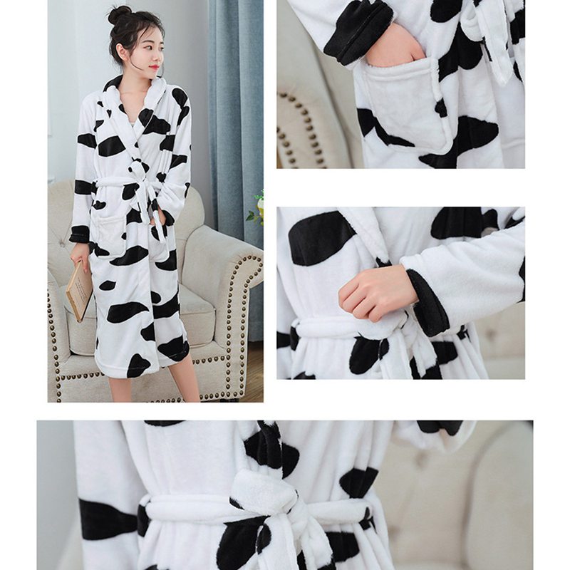 ガウン ネルパジャマ ルームウェア 寝巻き レディース フランネル 乳牛柄 黒白 両面起毛 暖かい ぱじゃま もこもこ 厚い 前開き 夫婦着 肌に優しい ゆったり 部屋着 ナイトウェア 秋冬着