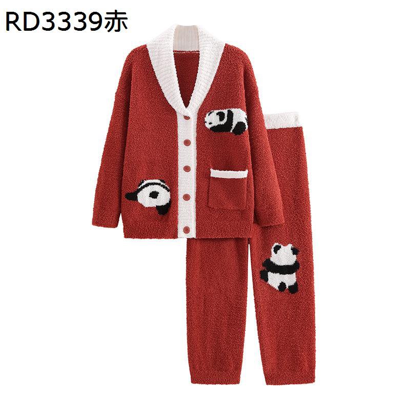 フランネルパジャマ パンダ柄 レディース 寝間着 ルームウェア 上下set Vネック あったかい 二重起毛 寝巻き シンプル 厚手 ふわふわ 快適 ゆったり 秋冬 ぱじゃま 夫婦着 ナイトウェア 便利服