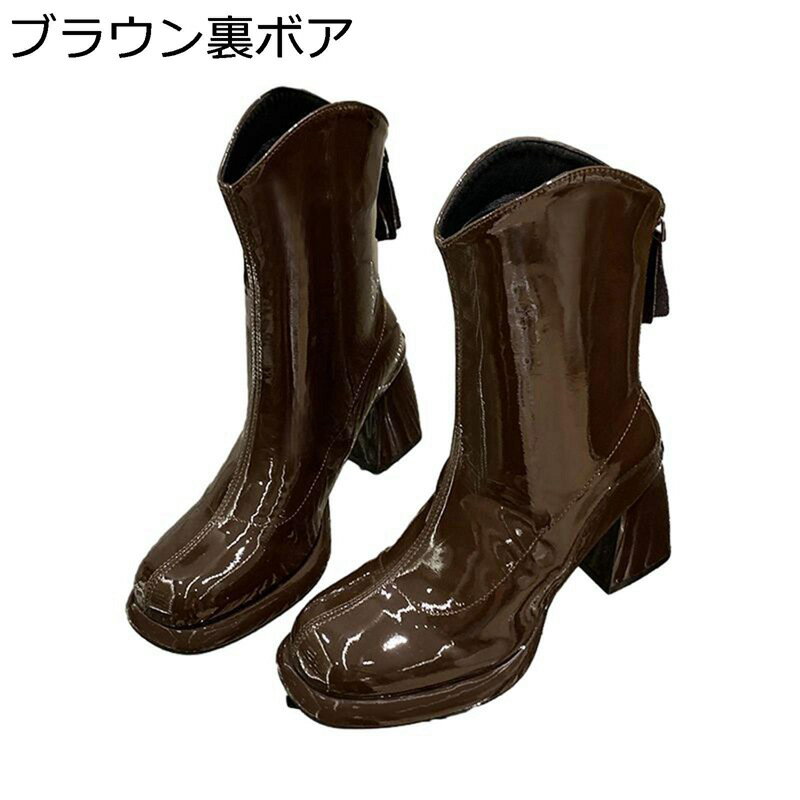 ショートブーツ ブーティ ハイヒール8cm レディースブーツ エナメル ジップアップ フェイクレザー Vカ..