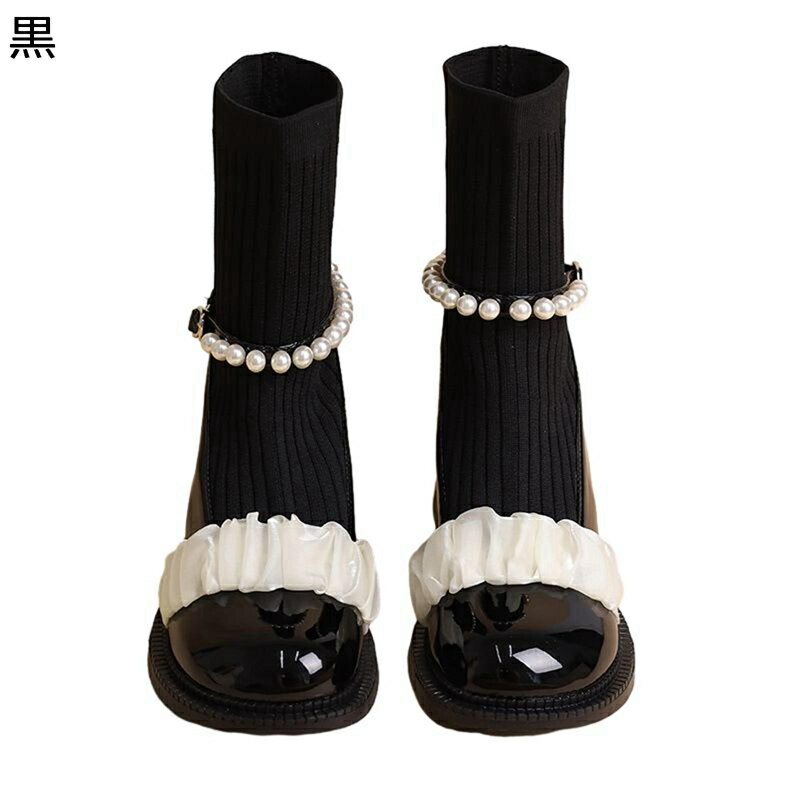 レディースブーツ ソックスブーツ パール フリル エナメル ショートブーツ ブーティ ハイヒール メリージェーン風 姫系 可愛い ストレッチ 太ヒール オシャレ 美脚 流行 カジュアル 秋冬