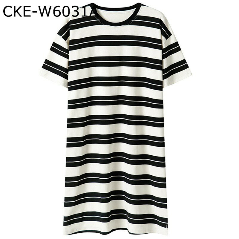 綿 ワンピース レディース ナイトウェア 寝巻き 薄手 パジャマ 縞柄 ラウンドネック 半袖 吸汗 通気 優しい肌触り カジュアル ゆったり 柔らかい 夏 大きいサイズ お休み 外出 誕生日ギフト 部屋着