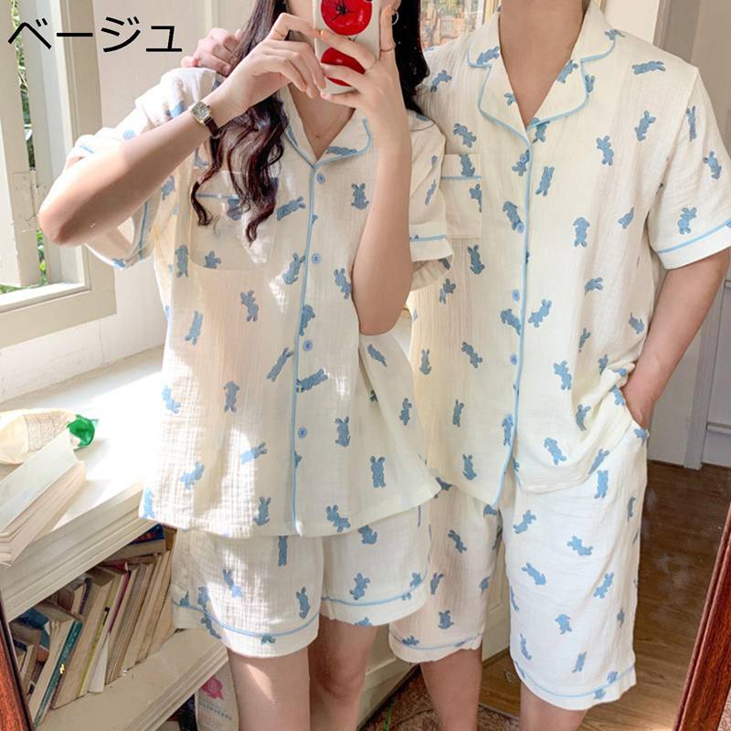 夏 パジャマ ペア ルームウェア レディース 綿ガーゼ 可愛い ウサギ柄 薄手 肌に優しい 半袖 ショーパ..