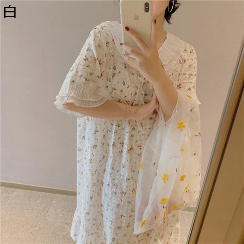 ワンピースパジャマ 小花柄 ルームウェア クルーネック ナイトウェア レディース コットン 三分丈 ロング丈 半袖 春 夏 秋 テーラー襟 ..