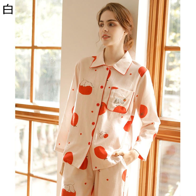 楽天parte1コットン100％ レディースパジャマ ルームウェア 便利服 寝間着 ロングパンツ 水玉 2着セット 長袖トップス 果物柄 春秋用 萌え萌え 可愛い カートゥーン 甘い 薄手 吸汗速乾 プレゼント 白 XL