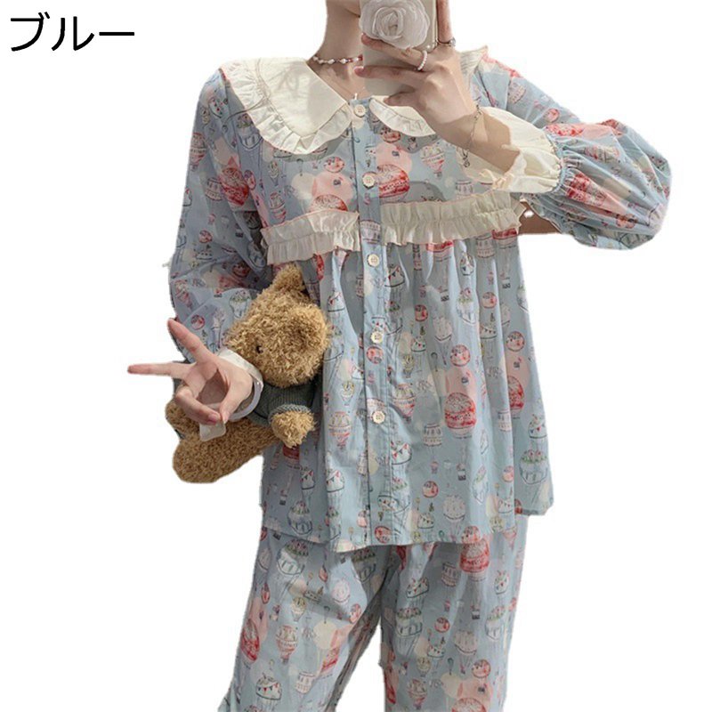レディース 綿 パジャマ 部屋着 ナイトウェア 上下セット テーラー襟 パイピング 刺繍 ラペル 前開き 春夏用 和風 カートゥーン 乾燥肌 ツルツル リラックス 柔らかい カジュアル 贈り物