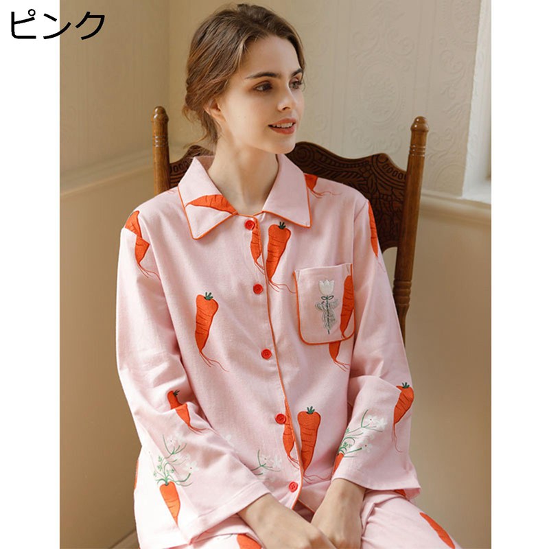 レディース 綿100% パジャマ ルームウェア 寝間着 2点セット 大根柄 花 長袖トップス 長ズボン 春夏用 ..