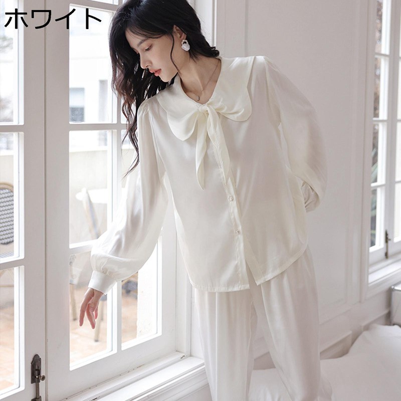 パジャマ ルームウェア レディース 春夏 長袖 ロングパンツ 上下セット シルク風 滑らか レーヨン 薄手..