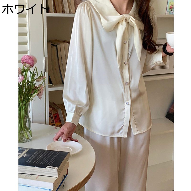 レディース パジャマ 部屋着 春秋 シルク風 ボウタイ 長袖 上下セット ロングパンツ 光沢感 サテン 滑..