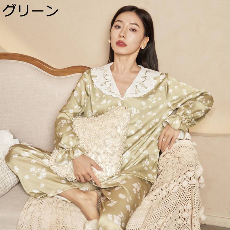 ルームウェアセット 春夏 パジャマ レディース 長袖 長ズボン 上下セット シルク風 レース Vネック 花柄 家着 寝間着 薄手 ひんやり 滑らか お風呂上り リラックス ホテル 旅行 ワイド エレガント