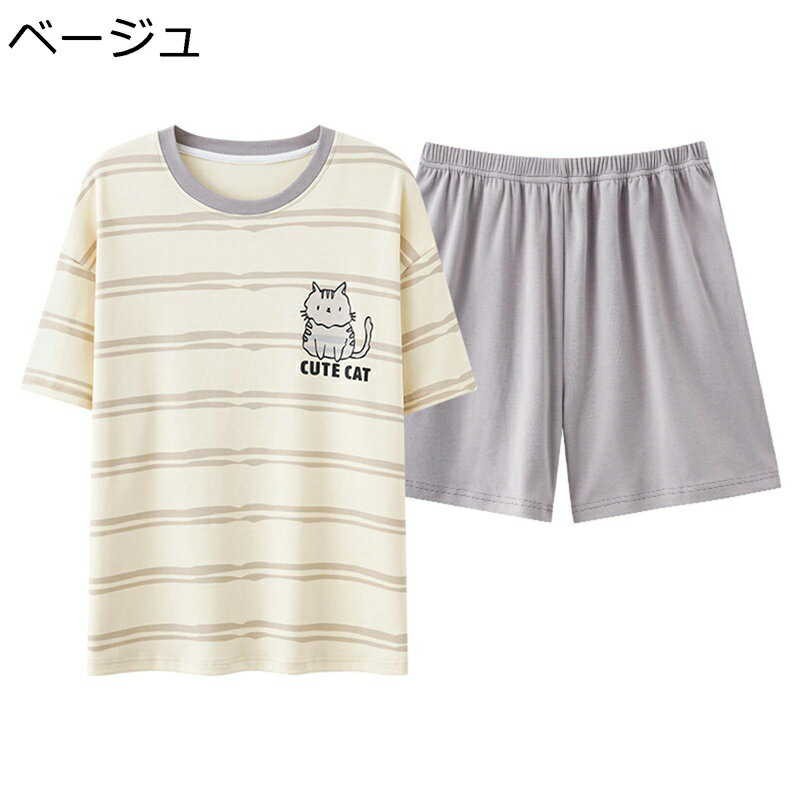 レディース パジャマ コットン100% ボーダー柄 上下セット 半袖 ショートパンツ 猫 春夏用 シャツ クルーネック カートゥーン 和式 薄手 シンプル 敏感肌 着やすい 清新 森ガール ギフト