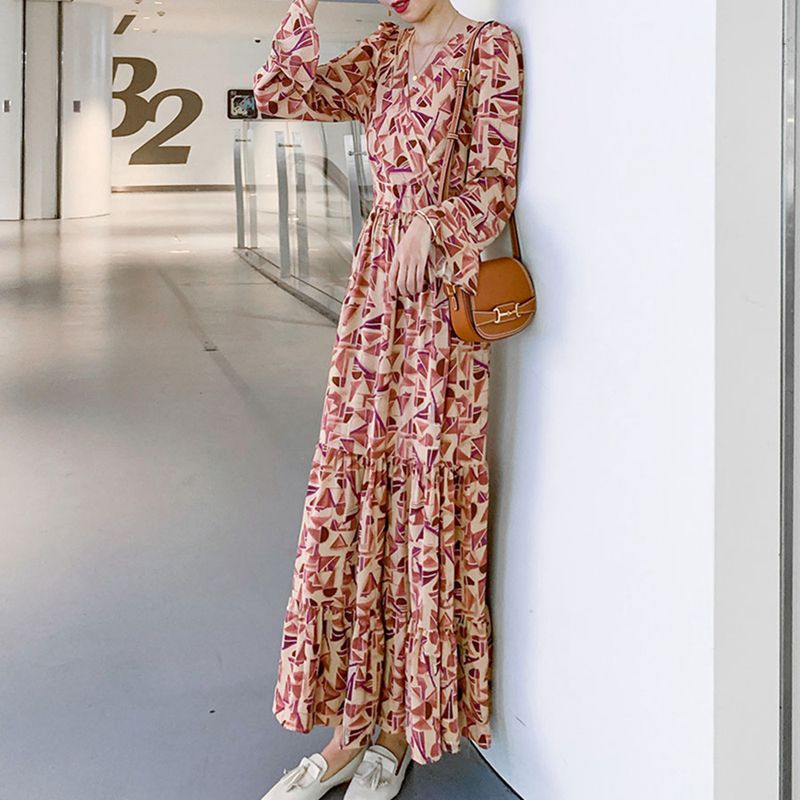 レディース ロングワンピース 花柄ドレス 涼しい 薄手 Vネック 春夏秋 通気 マキシ 長袖 ボリューム フレア リラックス シフォン ワンピ カジュアル 普段着 お出かけ デート ファッション 韓国風 着回しやすい