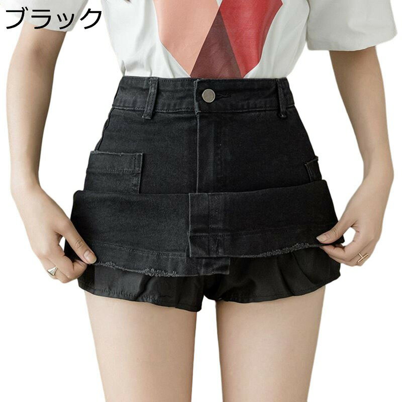 ミニスカート レディース デニムスカート 裏地付き シンプル 純色 夏 イレギュラー ハイウエスト Aライン 脚長効果 ラップスカート 短い 韓国風 学生 サイドポケット ブラック コーディネート