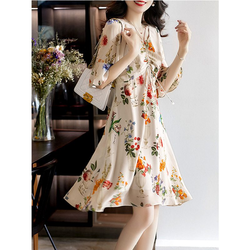 きれいめワンピース 春夏服 フレア袖 ワンピース ミディ丈 シフォン 体型カバー シャーリング 細身 レディース 着やせ Aライン 大人可愛い フェミニン パーティ お呼ばれ 2次会 入学式