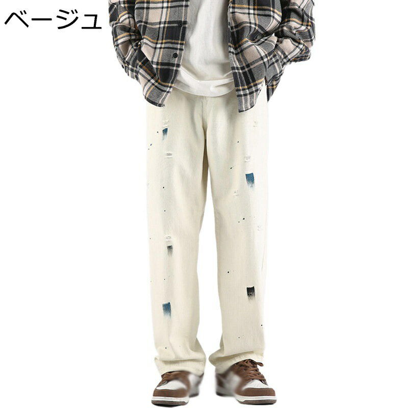 楽天parte1ダメージジーンズ メンズ デニムパンツ インクジェット加工 ヒップホップ ストリートファション カジュアル ワイド ルーズ Gパン ストレート ロングパンツ 前開きジッパー おしゃれ 大きいサイズ