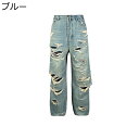 ダメージジーンズ メンズ デニムパンツ ハイストリート ワイドパンツ ローエッジ ウォッシュ加工 ヴィンテージ Gパン ルーズ バギーパンツ ヒゲ加工 B系 大きいサイズ ロングパンツ シューカット