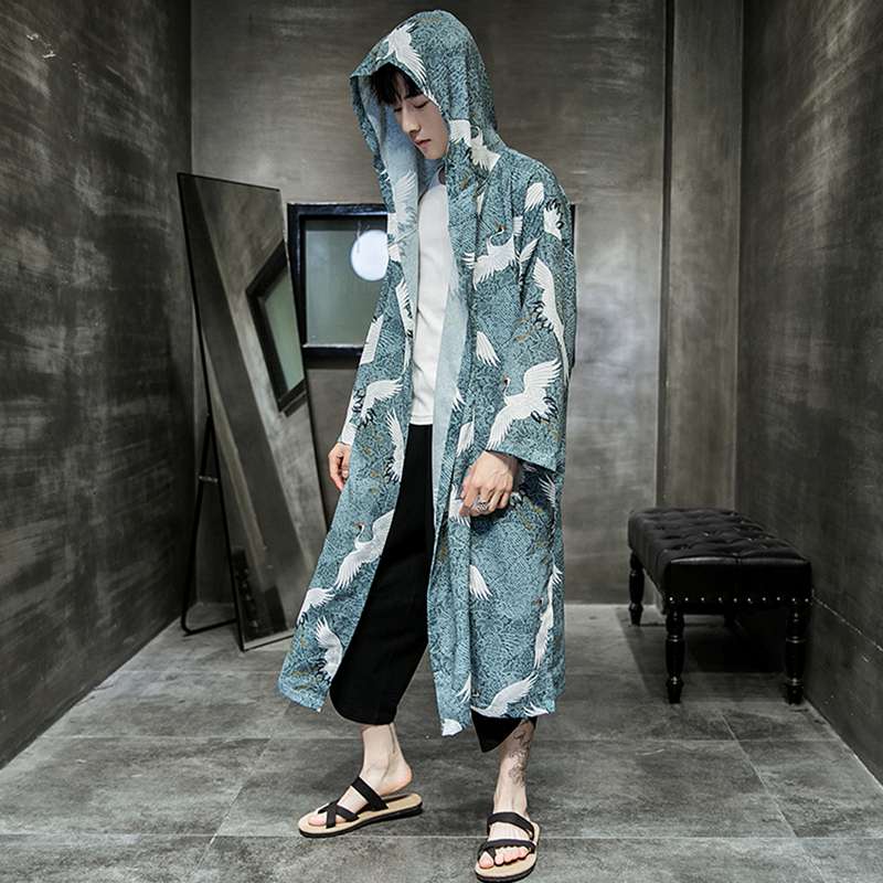 唐装 メンズ 夏服 漢服 カーディガン ロングスリーブ　青年　パーカー チャイナ風 薄手 通気性 プリント 鶴柄 ノーアイロン ロング丈 旅行 おしゃれ カジュアル 軽量 夏 コート