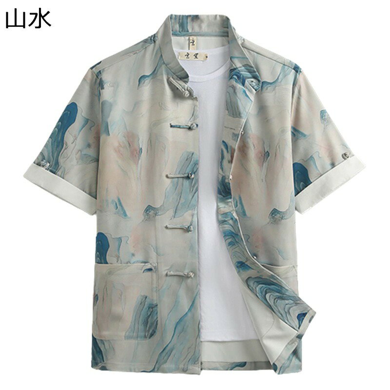 メンズ カーディガン 唐装 漢服 上着 コート チャイナ風 7分袖 半袖 通気性 山水柄 プリント チャイナシャツ 薄手 吸汗速乾 おしゃれ ウォッシュ加工 軽量 普段着 夏服 無地 青年 お出掛け