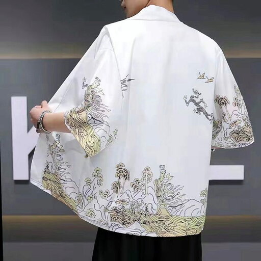 唐装 メンズ 夏服 カーディガン 漢服 7分袖 半袖 羽織 薄手 吸汗速乾 青年 水墨柄 プリント ノーアイロン チャイナ風 通気性 カジュアル 軽量 夏 立ち襟 お出掛け コート