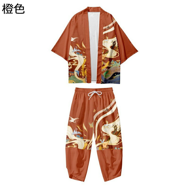 メンズ カーディガン 羽織 五分袖 半袖 花柄 プリント 上下セット和風 立ち襟 和服 甚平 カップル 薄手 通気性 大きいサイズ カジュアル ゆったり 吸汗速...