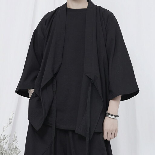 メンズ 夏服 カーディガン 羽織 上着 7分袖 半袖 和式パーカー ジャンパー 薄手 通気性 無地 和式コート 和服 立ち襟 おしゃれ カジュアル 軽量 速乾 夏 ゆったり服 部屋着 ブラック お出掛け