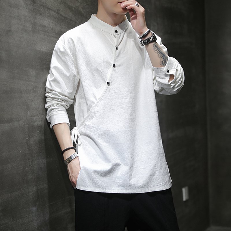 漢服 唐装 メンズ チャイナシャツ ロングスリーブ 上着 tシャツ 接触冷感　チャイナ風 立ち襟 無地 大きいサイズ 通気性 カジュアル ゆったり 軽量 おしゃれ 春秋 お出掛け コート 青年