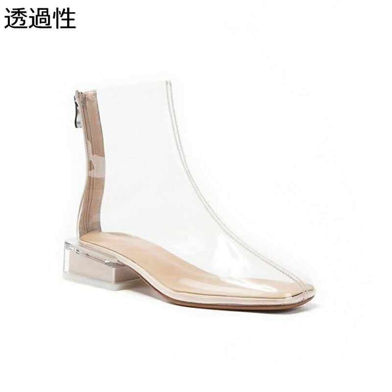 大きいサイズ ショートブーツ pvc レディース ショート丈 ブーツサンダル 透明 ローカット 太めヒール スクエアトゥ バックジップ レインブーツ クリアヒール 日常 雨の日 結婚式 滑り止め