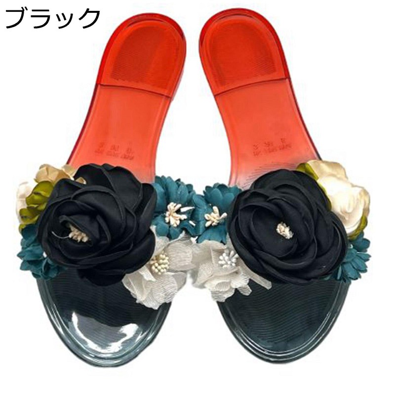 ラバーサンダル レディース 花飾り スリッパ オープントゥ フラットサンダル ぺたこ 防水シューズ レインシューズ 外履き ビーチサンダル 防水加工 雨梅雨 晴雨兼用 ラバーサンダル 滑り止め 夏用