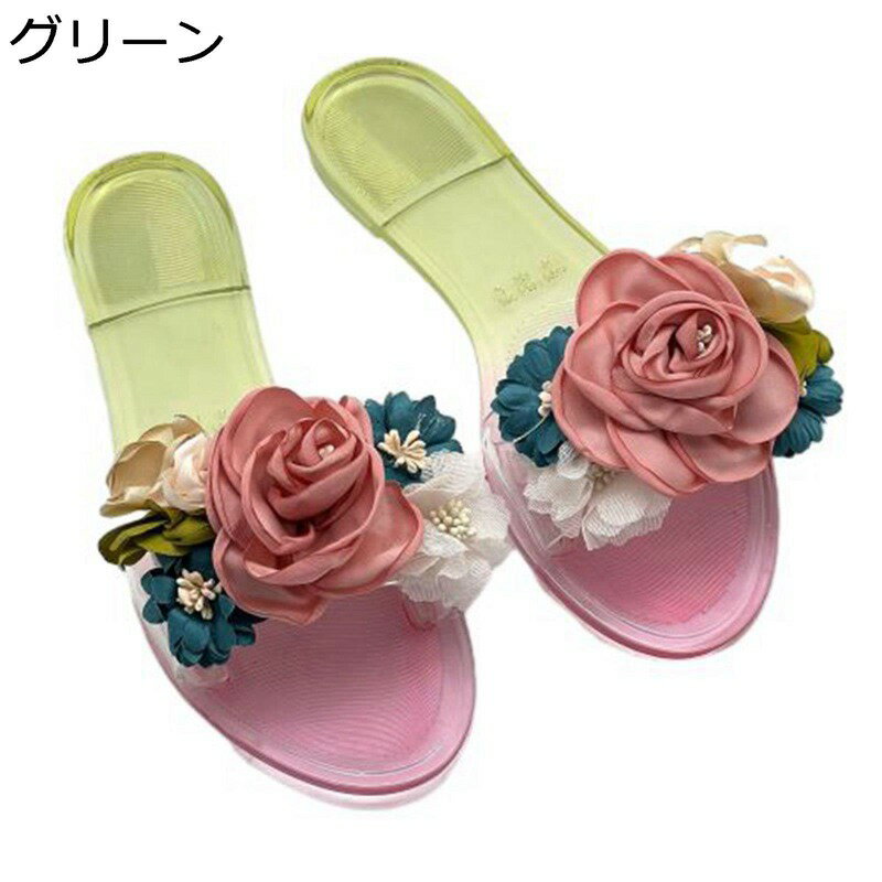 ラバーサンダル レディース 花飾り スリッパ オープントゥ フラットサンダル ぺたこ 防水シューズ レインシューズ 外履き ビーチサンダル 防水加工 雨梅雨 晴雨兼用 ラバーサンダル 滑り止め 夏用 2