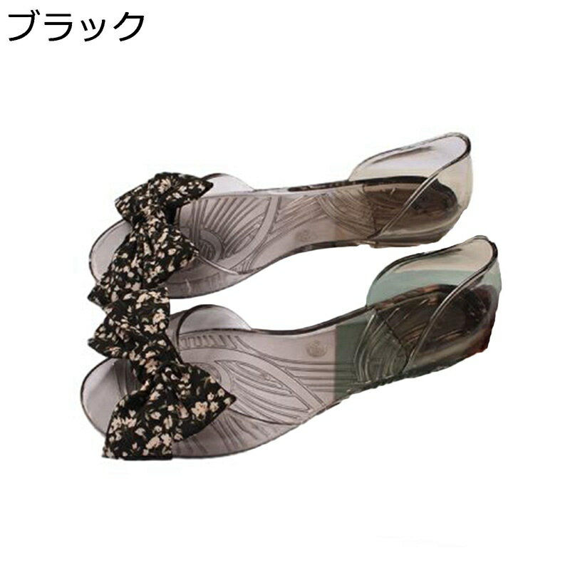ぺたこん レインシューズ レディース 花飾り フラット 透明 セパレート サマーサンダル オープントゥ スリッポン ビーチサンダル 防水加工 雨の日 晴雨兼用 水陸両用 ラバーサンダル 雨靴 エレガント