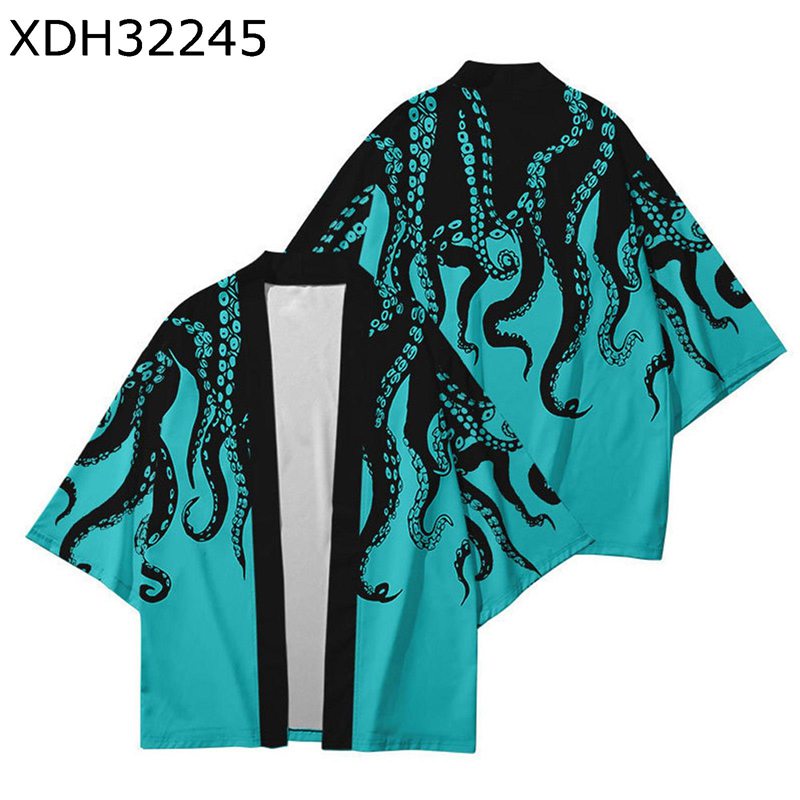 メンズ 和式パーカー 夏 七分袖シャツ 浴衣 カーディガン 章魚 たこ柄 3Dプリント ゆったり 紫外線対策..
