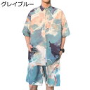 メンズ ビーチシャツ 二点セット 総柄 夏用 アロハシャツ 半袖シャツ ショートパンツ 上下セット ハワイ風 ビーチシャツ 紫外線カット カジュアル 原宿風 通...