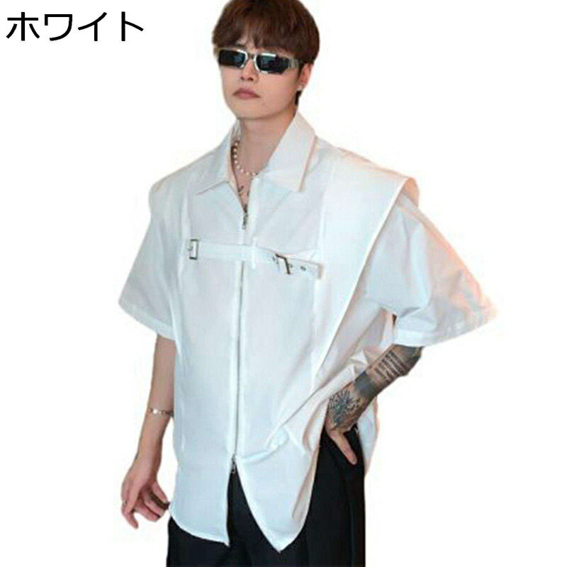 ビジネスシャツ 半袖 メンズ ジッパー付き yシャツ 開襟シャツ 原宿系 ダブルジップ ベルト付き オール..