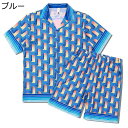 アロハシャツ 上下セット 夏服 半袖シャツ 2点セット ハワイシャツ ブルー メンズ 開襟シャツ プリントシャツ ショートパンツ ルームウェア きれいめ 汗染み...