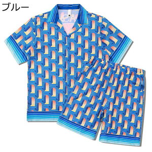 アロハシャツ 上下セット 夏服 半袖シャツ 2点セット ハワイシャツ ブルー メンズ 開襟シャツ プリントシャツ ショートパンツ ルームウェア きれいめ 汗染み ゆったり 薄手 通気性 サラサラ快適 彼氏 部屋着 お出掛け