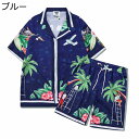 上下セット ヤシの木柄 アロハシャツ ハーフパンツ 夏服 派手シャツ ビーチシャツ メンズ 2点セット 半袖 短パン 上着 水着 ビーチウェア 春服 夏 ゆったり 耐摩耗 おしゃれ シンプル カッコイイ 男性 ビーチ