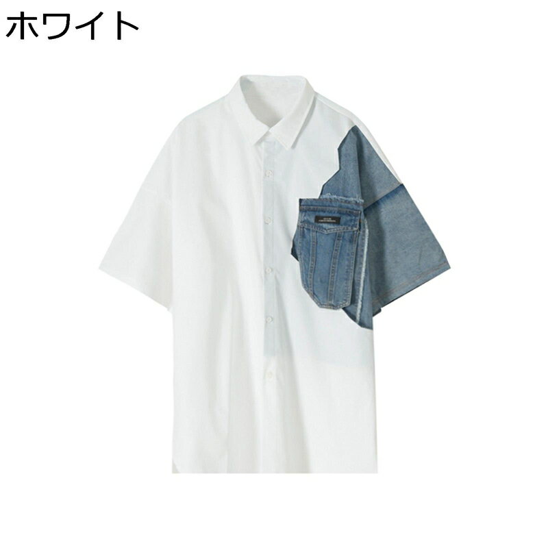シャツ パッチワーク デニムシャツ メンズ 開襟シャツ 半袖シャツ 夏用 春服 韓国ファッション デザイン性 トレンド 薄手 汗染み 軽量 ビッグシルエット ジャケット アウター 彼氏 旅行 祭り