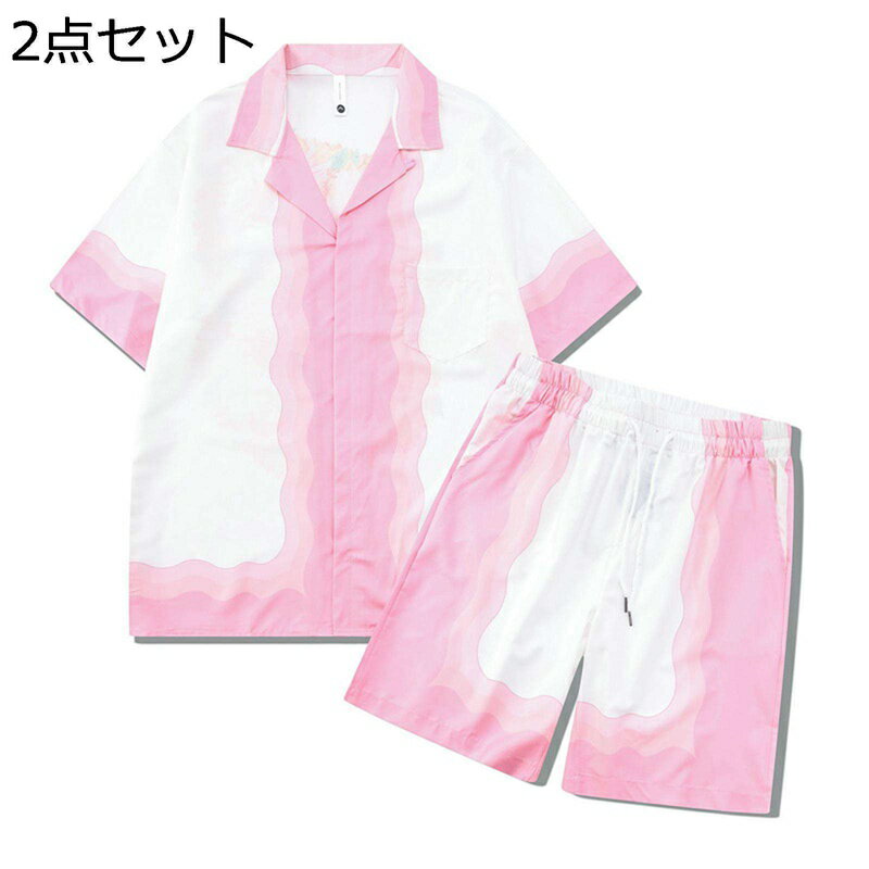 シャツ メンズ 2点セット 花柄 パッチワーク ピンク 半袖 アロハシャツ 開襟シャツ ショートパンツ 短パン ハワイアンシャツ ビーチシャツ 半袖 夏服 四節...
