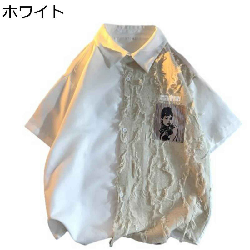 シャツ メンズ 切り替え 半袖 アロハシャツ 開襟シャツ ボタン 古着風 ワイシャツ タッセル付き 夏服 襟付き ゆったり 韓国風 ポケット付き オールシーズン ビーチ ストリート お洒落アウター トップス 普段着